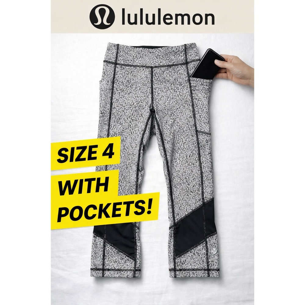 Lululemon‎ Crop Leggings Size 4 Black White Speckled Pockets Athletic